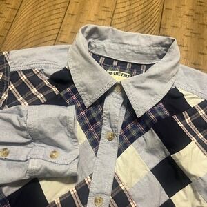WE THE FREE Patchwork Plaid Button Down Shirt Women L Blue Multi Color Cotton